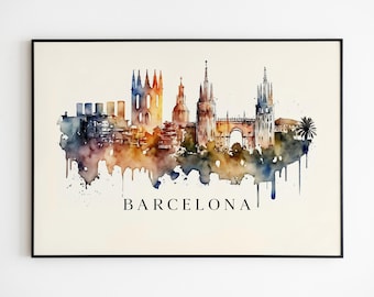 Barcelona Skyline Watercolor Print, Spanish City Landmarks Wall Art, Living Room Hanging