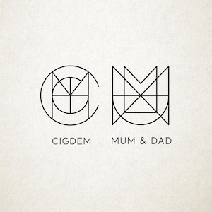 May include: Two black line art logos on a textured off-white background. The left logo features a circular frame enclosing the letters C and M. The right logo displays a geometric M and U shape. Below the logos, the text reads CIGDEM and MUM & DAD.
