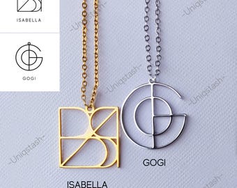 Name Logo Necklace Custom Monogram Pendant, Personalized Geometric Charm