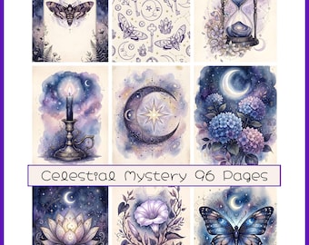 Könnte beinhalten: Eine Sammlung von neun rechteckigen Karten mit himmlischen und botanischen Illustrationen in Lila- und Blautönen. Das zentrale Banner zeigt den Text Celestial Mystery 96 Pages. Die Motive umfassen Motten, eine Sanduhr, eine Kerze, Monde, Blumen und eine Lotusblüte.