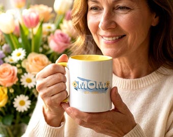 Mothers Day Gift Mug | MOM Est. 2026 | Custom Date Minimalist Floral Blue Yellow Palette | Cute Personalized Drinkware