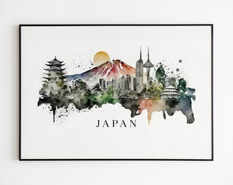 Japan Skyline Watercolor Print on Canvas, Tokyo Cityscape Landmark Art