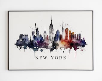 New York Skyline Watercolor Print on Canvas, Cityscape Wall Art, Modern Decor Illustration