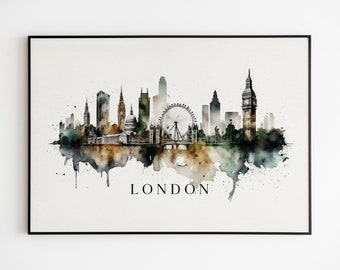 Original LONDON Skyline Watercolor Art Print on Canvas. London City Wall Art Decor