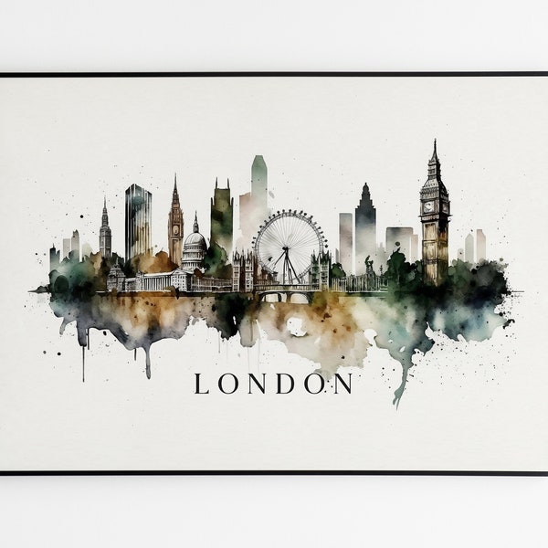 Impression d'art aquarelle originale sur la ligne d'horizon de Londres sur toile. Décoration artistique murale de la ville de Londres
