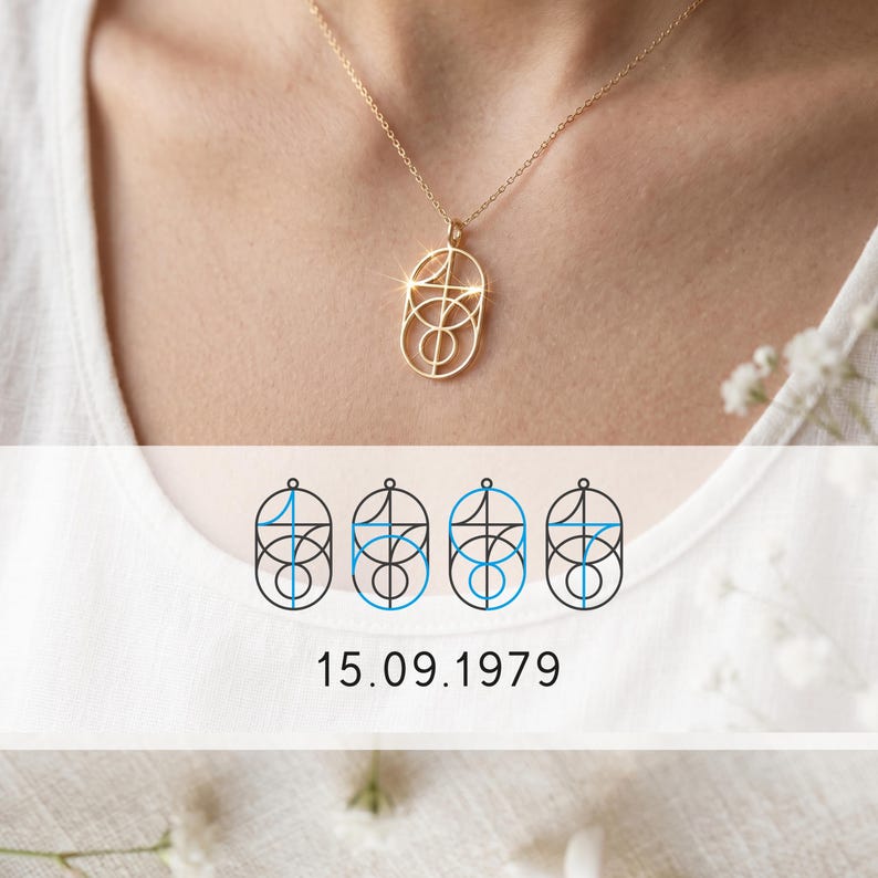 date monogram necklace. Numbers logo pendant, gift for her