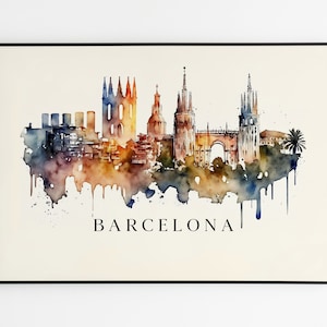 Original BARCELONA Skyline Watercolor Art Print on Canvas. Spanish City Wall Art Decor