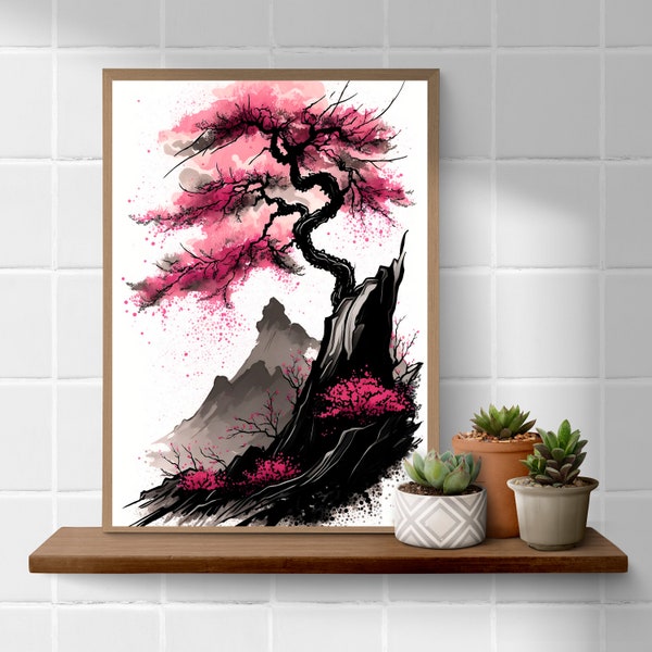 Impression originale d’art à l’encre japonaise d’arbre BONSAÏ sur toile. Décor d’art mural oriental Sakura.