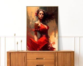 Spanish Flamenco Woman Dancer Dramatic Impressionist Digital Painting Print on Canvas. Wall Decor..