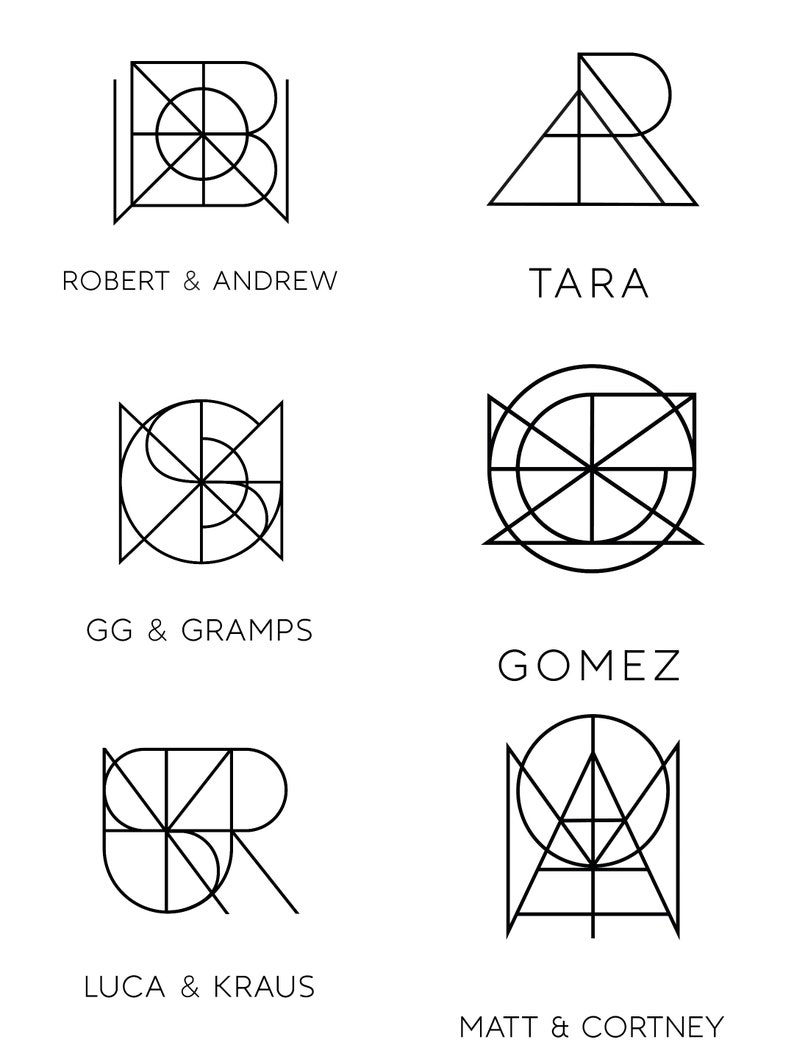 Couples name logo. Tara name logo. Gomez name logo, Luca name logo.