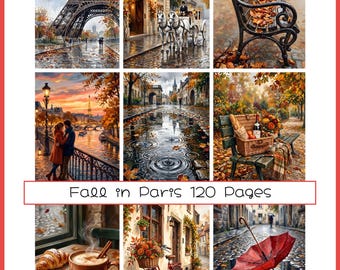 Op de afbeelding: Een notitieboek van 120 pagina's getiteld Fall in Paris met een collage van negen illustraties van Parijse herfsttaferelen, waaronder de Eiffeltoren, een koets, een parkbank, een stel aan de Seine, regenplassen, een picknick, koffie, een fiets en een paraplu.