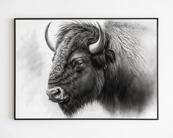 Bison Art Charcoal Sketch Print: Black and White Wildlife Wall Decor.