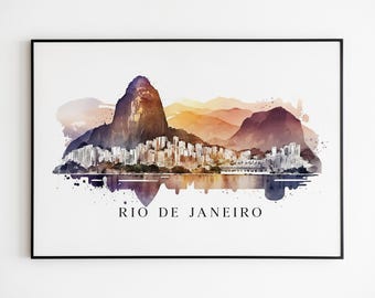 Rio de Janeiro Watercolor Skyline Print, Brazil Landmark Canvas Wall Art.