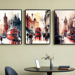 London Life Watercolor Streetscape, Red Bus Scenery Digital Painting Print on Canvas. Wall Decor.