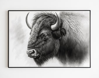 Croquis de BISON au fusain. Dessin d’animaux sauvages au crayon. Impression d’art mural de bisons. Unique.
