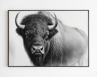 Bison Print Charcoal on Canvas: Black and White Wildlife Wall Decor.