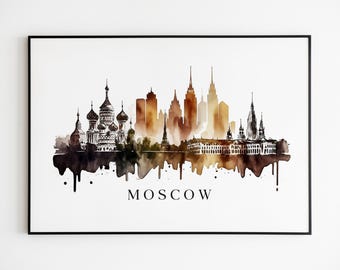 Moscow Skyline Watercolor Print, Russian Landmark Cityscape Wall Art, Living Room Decor.