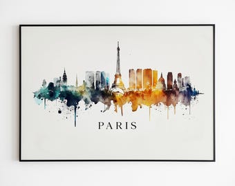 Paris Skyline Watercolor Print on Canvas, French Cityscape Landmark Art Decor.