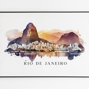 Original RIO DE JANEIRO Skyline Watercolor Art Print on Canvas. Brazil Cityscape Wall Art Decor