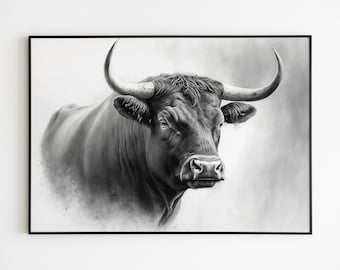 Charcoal Bull Print Black White Farm Animal Canvas Wall Art.