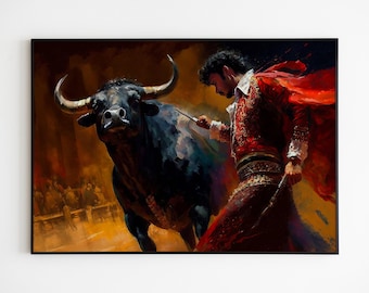 Spanish Toreador Bullfight, Dramatic Impressionist Digital Painting Print on Canvas. Wall Decor..