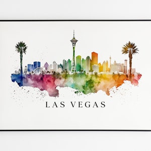 Impresión artística original de acuarela del horizonte de LAS VEGAS sobre lienzo. Decoración mural de la ciudad de Las Vegas.