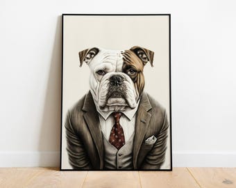 Bulldog Portrait Canvas Print: Boss Bulldog in Suit Office Wall Art.