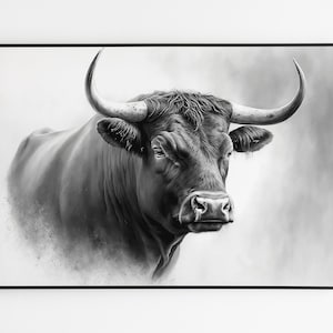 Charcoal BULL Sketch Print on Canvas. Pencil Farm Animal Drawing. Bull Wall Art Print.