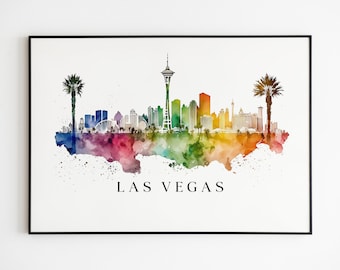Las Vegas Skyline Watercolor Print, Cityscape Canvas Wall Art, Living Room Decor Illustration.