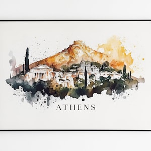 Impresión en acuarela sobre lienzo del horizonte de Atenas, arte mural con paisaje urbano de Grecia, tapiz para sala de estar, ilustración de regalo para amantes de los viajes.