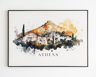 Athens Skyline Watercolor Print on Canvas, Greece Cityscape Wall Art, Travel Gift Illustration.