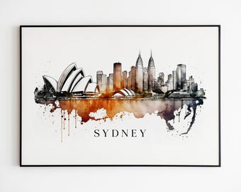 Sydney Skyline Watercolor Print on Canvas, Australian Cityscape Art, Modern Wall Decor.
