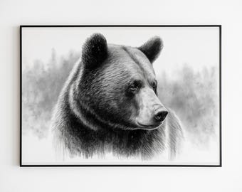 Bear Print on Canvas: Charcoal Monochrome Wildlife Artwork.