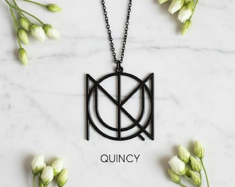 Black Name Necklace Stainless Steel: Custom Monogram Pendant, Unisex Geometric Design.