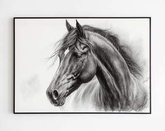 Horse Wall Decor Charcoal Pencil Sketch: Print on Canvas, Farm Animal Art.