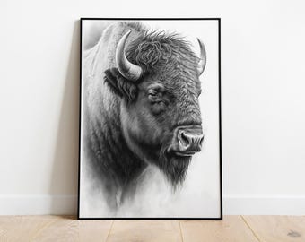 Bison Art Charcoal Sketch Print: Black & White Canvas Wall Decor.