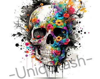 Skull Canvas Watercolor Print: Floral Human Skull Wall Art Decor.