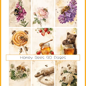 Może przedstawiać: Zbiór 90 stron Honey Bees z ilustracjami pszczół na naparstnicach, różach, bzach, koniczynie i hortensjach, wraz ze słoikami miodu, truskawkami, wałkiem do ciasta i niedźwiedziem na tle papieru w linie w stylu vintage.