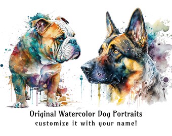 Impressions originales de chien à l'aquarelle sur une toile de qualité. Affiches colorées de dessin. Décoration d'art murale