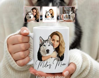 Personalized Photo Mug | Custom Cartoon Illustration Cup | Doublesided Picture Print Birthday Gift for Dog Mom, Dad or a Friend Drinkware