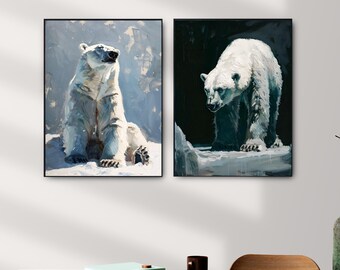 Polar Bear Oil Painting Print on Canvas: Dramatic Wild Animal Wall Decor..