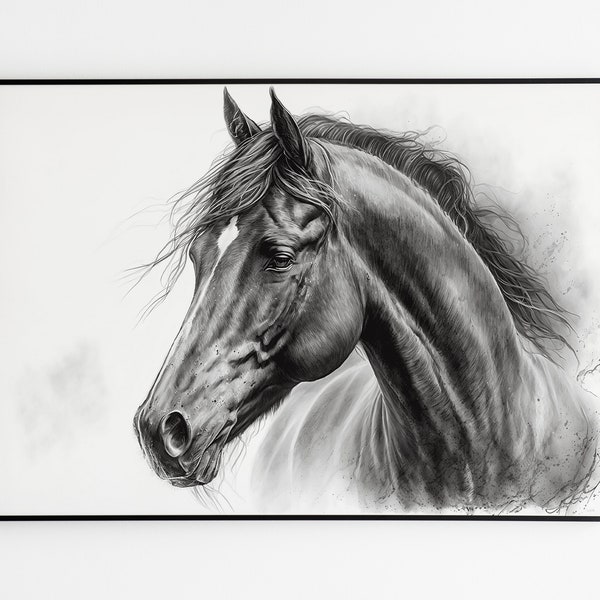 Impression de croquis de cheval au fusain sur toile. Dessin d'animaux de ferme au crayon, impression d'art mural chevaux.