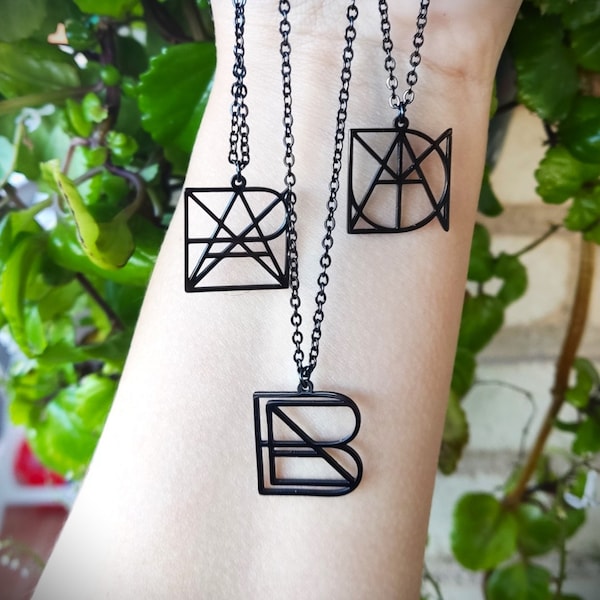 Unique Name Necklace Black Steel Logo + Chain. Personalised Monogram Pendant. Birthday Gift.