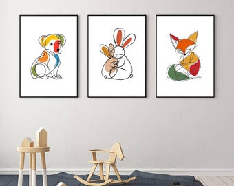 Canvas Animal Print: Minimal Line Nursery Art, Whimsical Cat Dog Wall Decor.