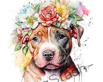 Pitbull Canvas Print Watercolor: Floral Dog Art, Nursery Decor, Custom Pet Portrait, Wall Art.