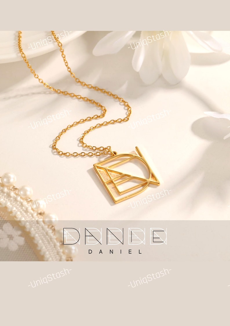 Gold-plated custom name logo necklace displayed on a white surface, showing a geometric abstract monogram pendant on a delicate chain. Name Logo Necklace, Custom Personalised Minimalist Monogram Nameplate Pendant Gift For Her Birthday, Anniversary, Mothers Day