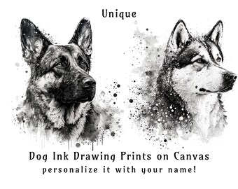 Einzigartige Hundezeichnung Drucke auf Qualitäts-Leinwand. Monochrome Tuschezeichnung Poster. Wandkunst Dekor