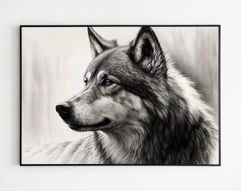 Wolf Art Charcoal Sketch Print: Black and White Canvas Wall Decor.