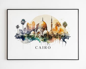 Cairo Watercolor Skyline Print, Egypt Landmark Canvas Wall Art, Travel Lovers Illustration.