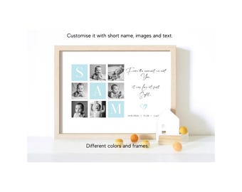 Custom Baby Photo Collage Framed Print, Personalized Nursery Name & Birth Date Decor,  Newborn Keepsake Gift